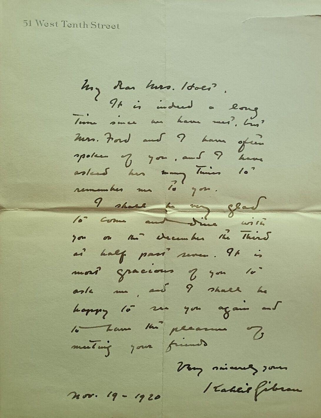 Letter of Kahlil Gibran to Mrs. Holt, Nov. 19, 1920.